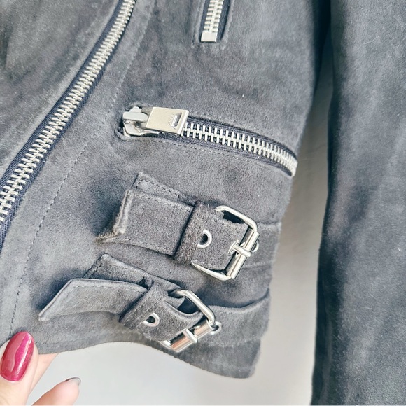 Reiss Charcoal Suede Biker Jacket 100% goat leather soft buckles moto size 4 - Picture 2 of 9